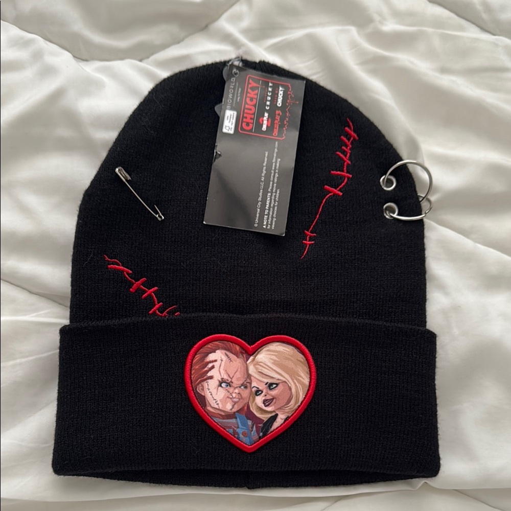 Chucky Black Beanie with Red Stitching